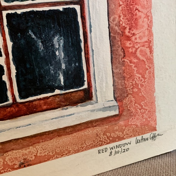 Red wall window watercolor painting 11” by 15” on birch board by local artist. - Picture 2 of 9